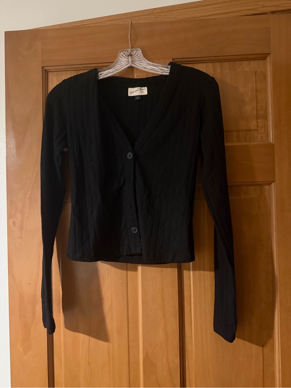 Black Ribbed V-Neck Button Cardigan - Women